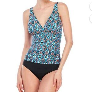 Jantzen Womens One Piece Shirred Swimsuit 8 Blue Black